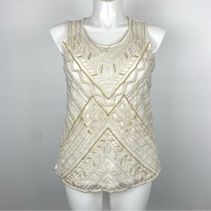 Chico’s Embellished Layered Ivory, White & Gold Geometric Print Tank Top L